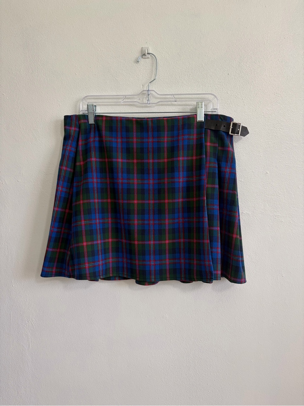 Old Navy Blue and Green Plaid Skater Mini Skirt with Side Buckle